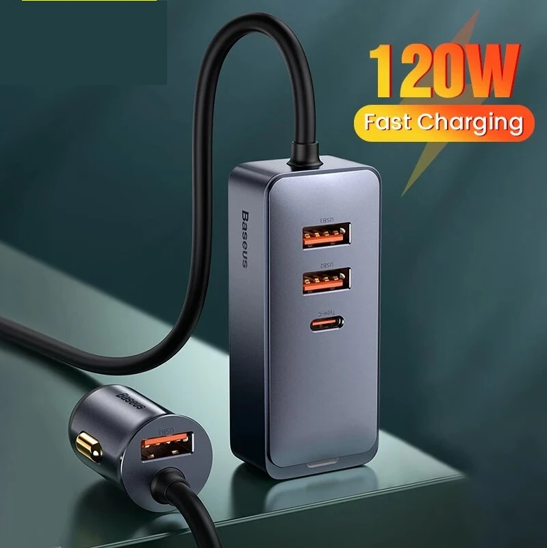 

120W 4-Port Car Charger PPS PD QC3.0 FCP AFC Fast Charging 1.5m Long Cable