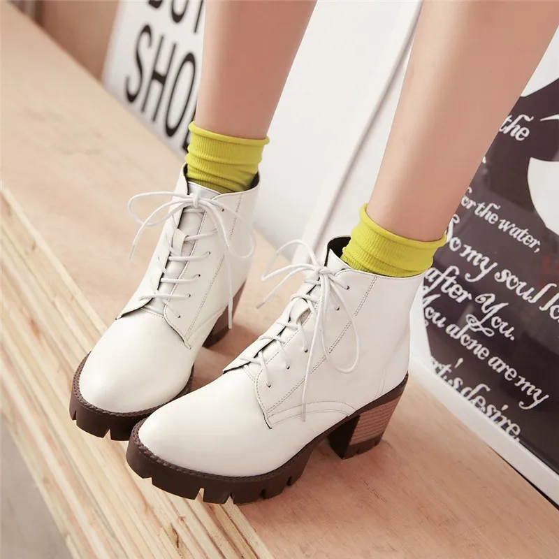 

Hjwsfdcai Women Chunky Heel Lace-Up Ankle Boots Ladies PunkCasual High Heel Shoes Round Toe Platform High Quality Woman Shoes