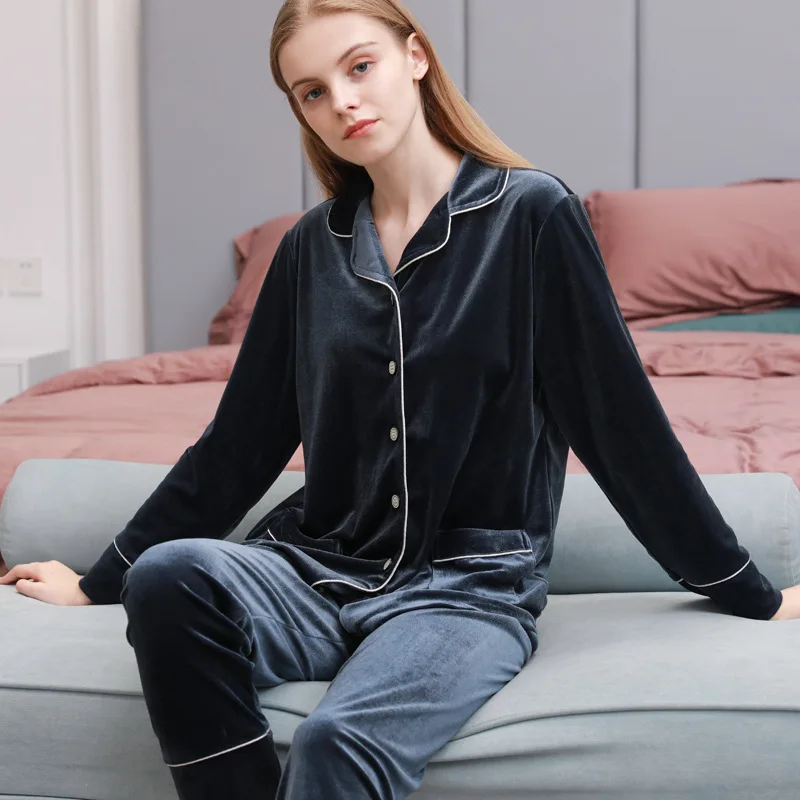 

Женский пижамный комплект, однотонная Фланелевая пижама с отложным воротником, Удобная толстая сохраняющая тепло Домашняя одежда, зимняя П...
