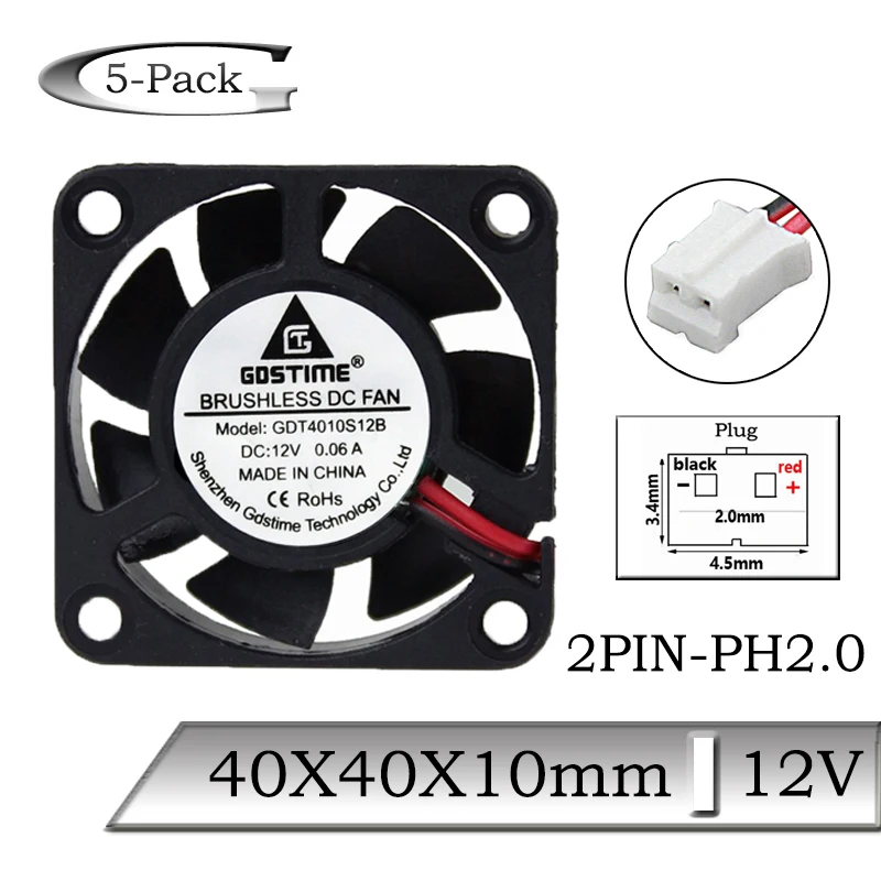 5 шт. Gdstime DC 12 В 2Pin 4 см 40x40x10 мм 40 Мини 7 лопастей Вентилятор охлаждения x 10 3D принтер