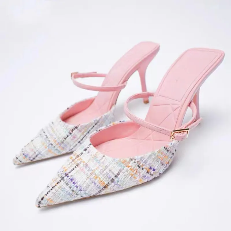 

Pointed Toe Shoes Slippers Women Summer Pantofle Slides Med Thin Heels Female Mule Heeled Mules 2021 Cover High Rome Cotton Fabr