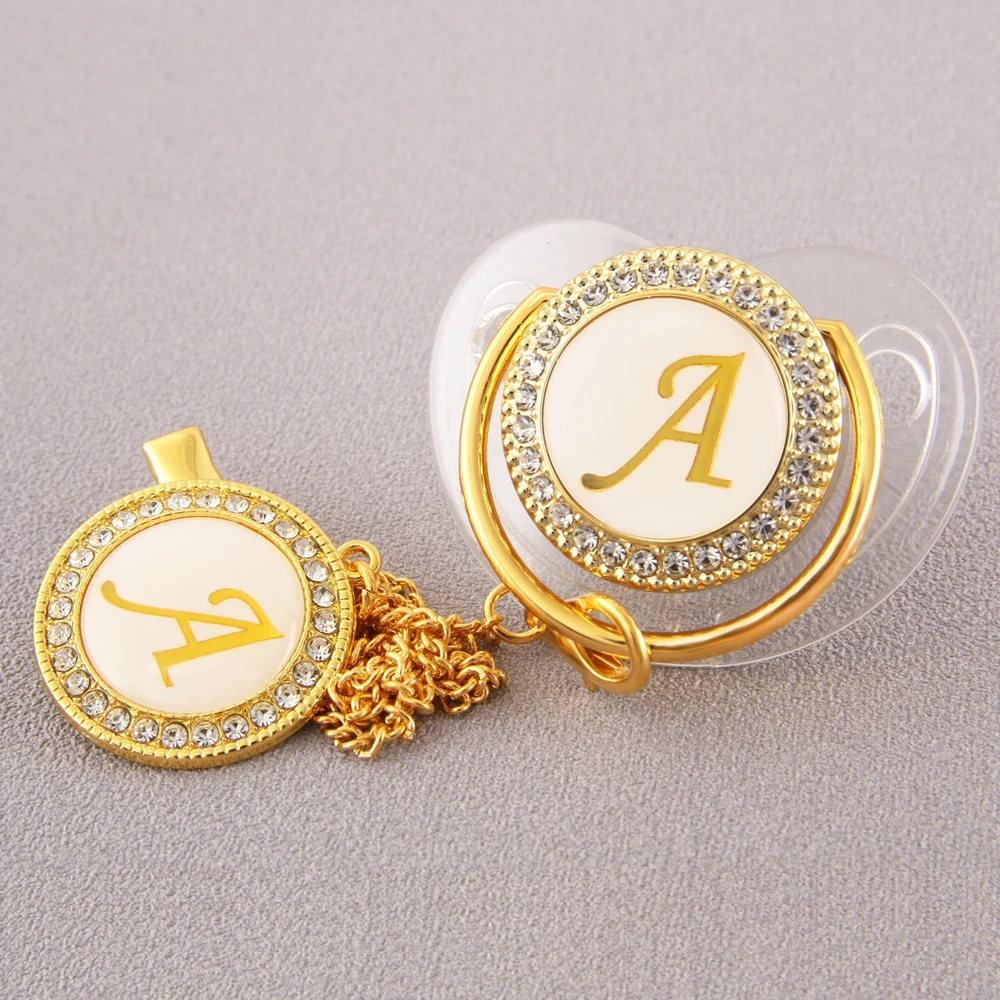 

26 Initial Letter Transparent Baby Pacifier with Chain Clip Newborn BPA Free Luxury Bling Dummy Soother Chupeta 0-12 Months