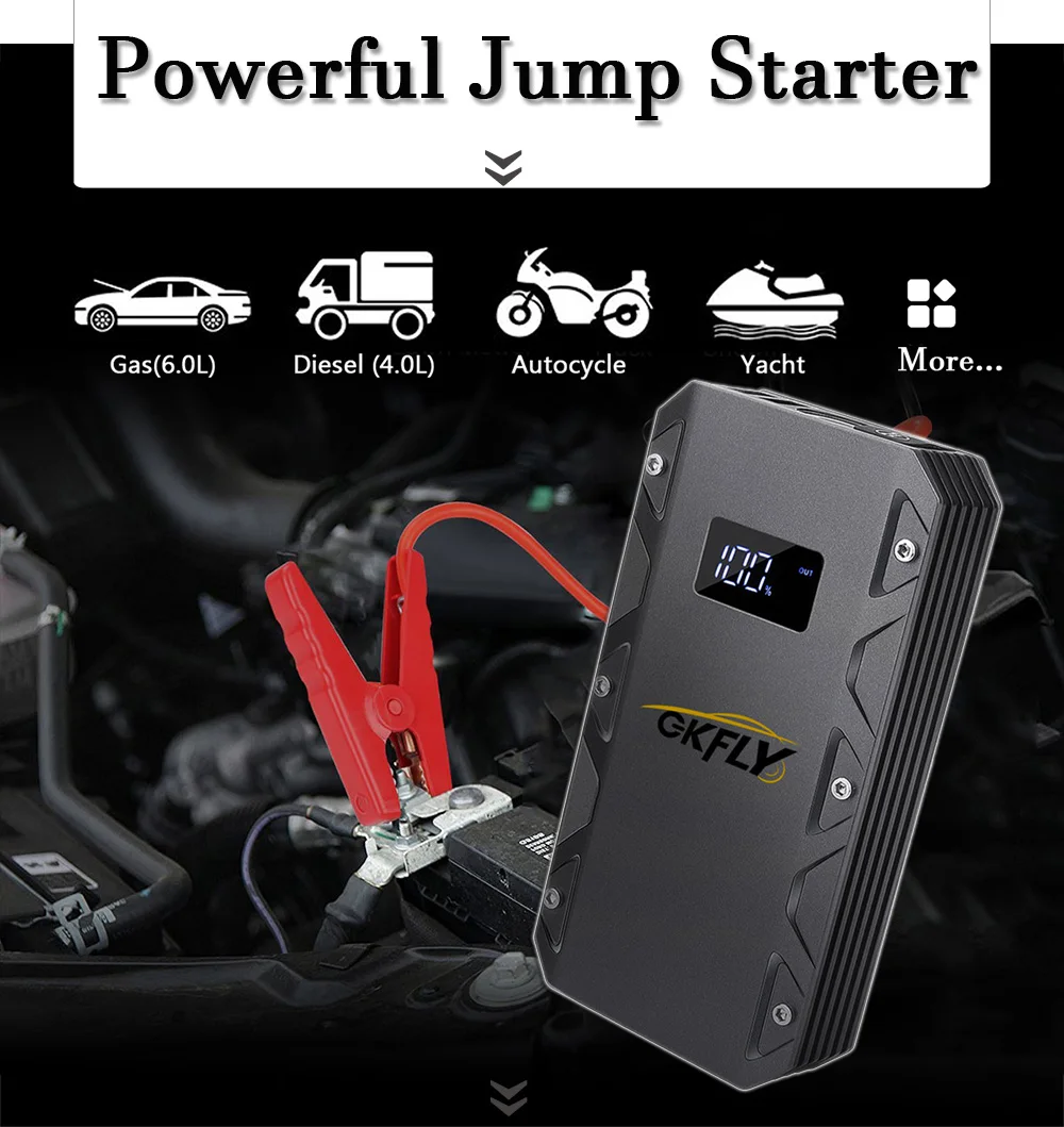 gkfly high power 24000mah car jump starter 12v 2000a portable starting device power bank car charger for car battery booster led free global shipping