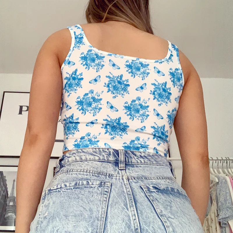 

IAMSURE Beach Style Bandage Floral Tanks Holiday Sexy Slim Tie Front Sleeveless Crop Tops Women 2021 Fashion Casual Streetwear