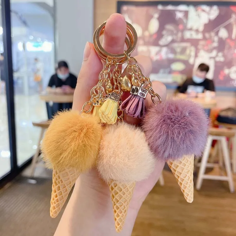 Creative plush ice cream key chain personalized tassel keychains cute pompom bag pendant car ring lovely girlfriends gift |