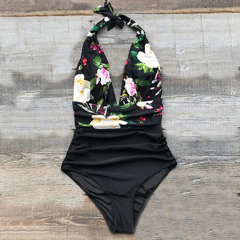 

New Sexy Open Back One-piece Swimsuit Printed High Waist Oversize Bikini Deep V