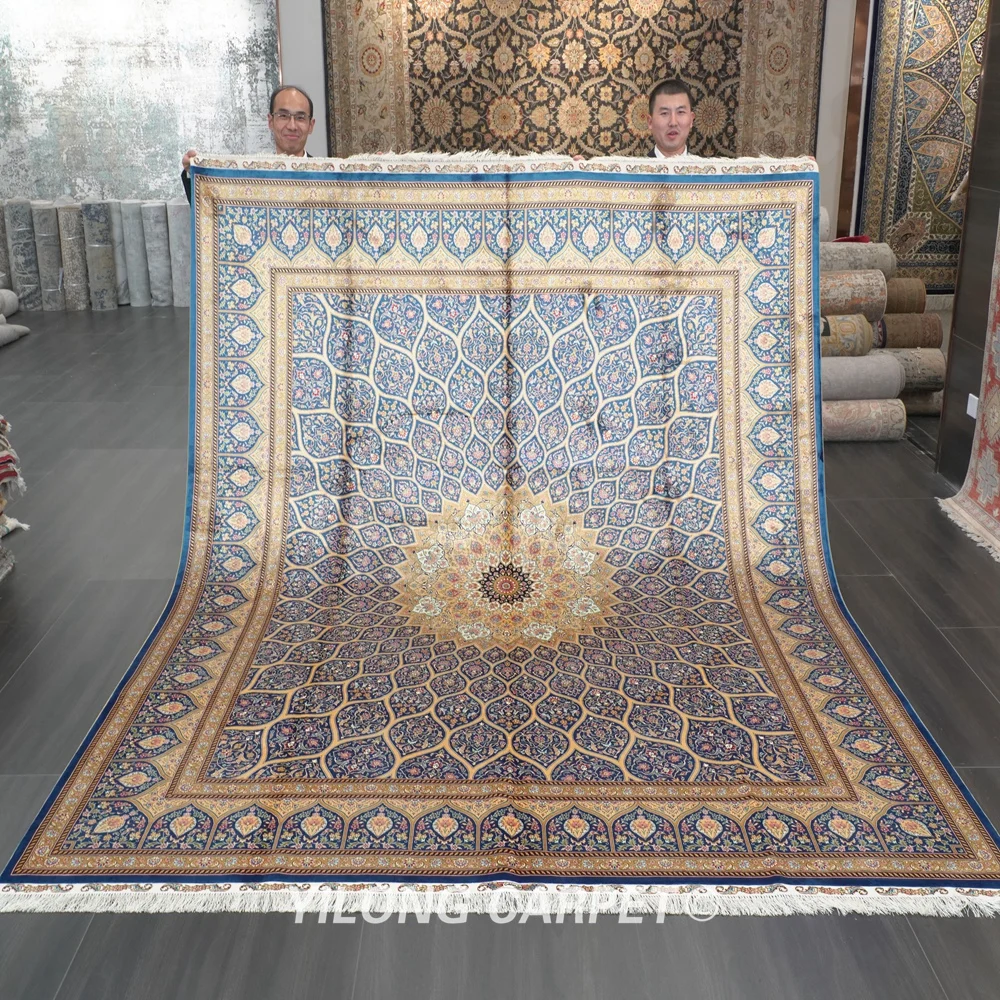 Yilong 8 'x 10' ручной работы Qum шелковый ковер Медальон цветочный синий вязки