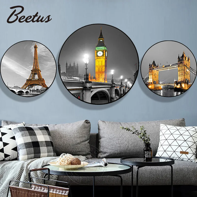 

Эйфелева Башня Биг-Бен, пейзаж, холст, живопись, круг, Круглый, алюминиевый сплав, рамка, настенные картины для гостиной, домашний декор