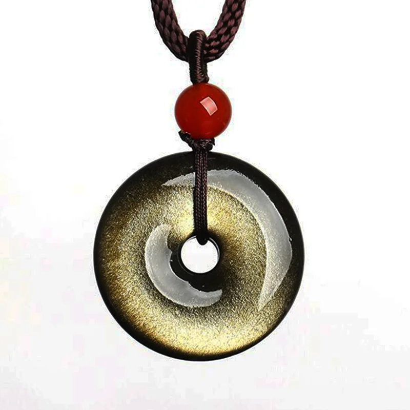 

Drop Shipping Natural Golden Obsidian Necklace Lucky Amulet Safety Button Jade Pendant For Women Men PingAnKou Jade Jewelry Gift