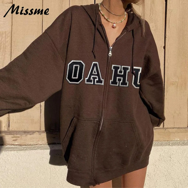 

Hooded Sweatshirt Letter Print Zip Up Hoodie Vintage Loose Boyfriend Casual Streetwear Fall Winter Missme