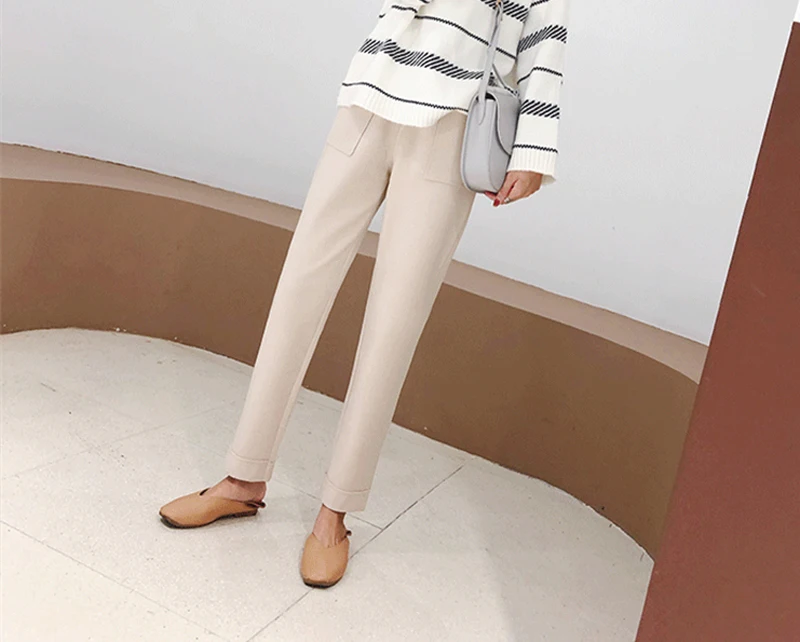 BGTEEVER Autumn Winter Thicken Pants Women Elastic Waist Pockets Woolen Female Pencil Pant Elegant Warm Trousers femme