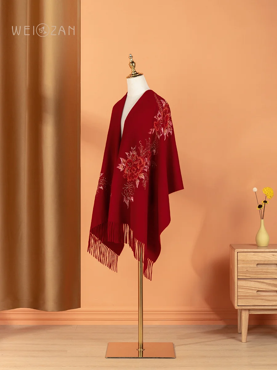 

Red Wool Cashmere Scarf Spring and Autumn Mother Cheongsam Shawl Wedding Dress Outer Wedding Banquet Autumn and Winter High-End