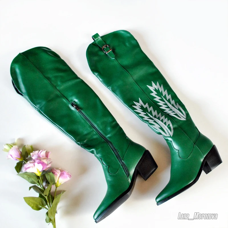 Женские ковбойские сапоги до середины икры с острым носком|Сапоги колена| |