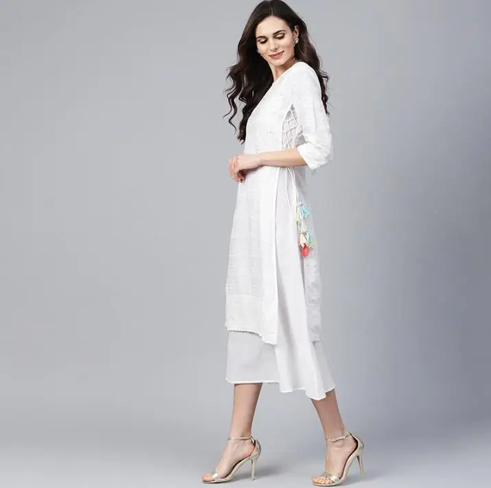 Женский хлопковый комплект с вышивкой длинный тонкий белый топ рукавами три