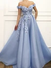 Женское фатиновое платье с открытыми плечами, длинное вечернее платье с аппликацией, голубого цвета, для торжества, выпускного вечера, 2022