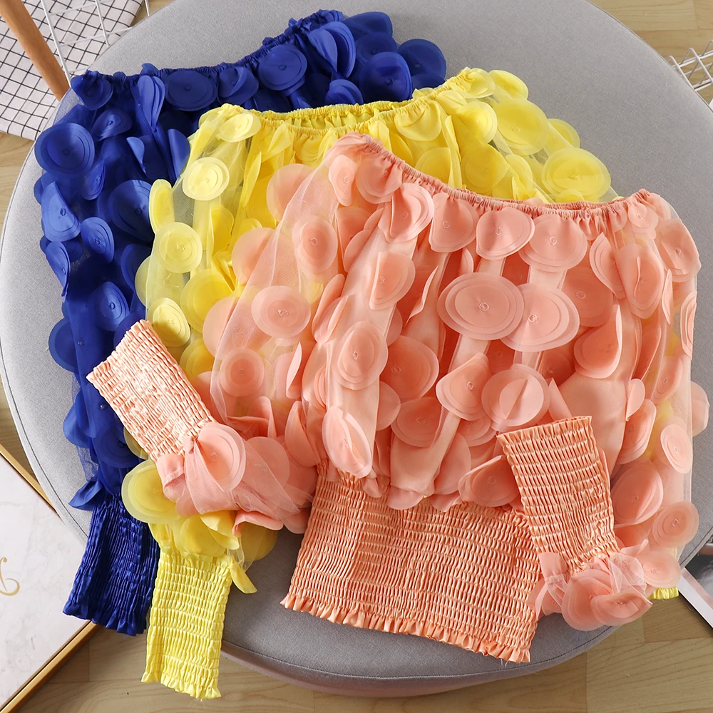 Летняя женская шифоновая рубашка с вырезом лодочкой и пышными рукавами 3D цветами