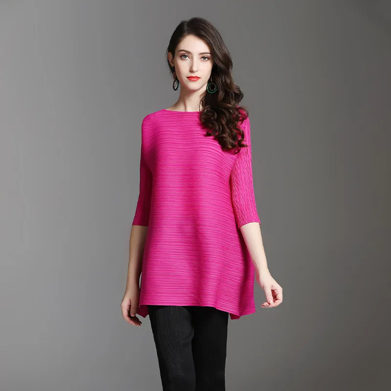 Женские Длинные футболки Miyake однотонные с круглым вырезом и складками большого