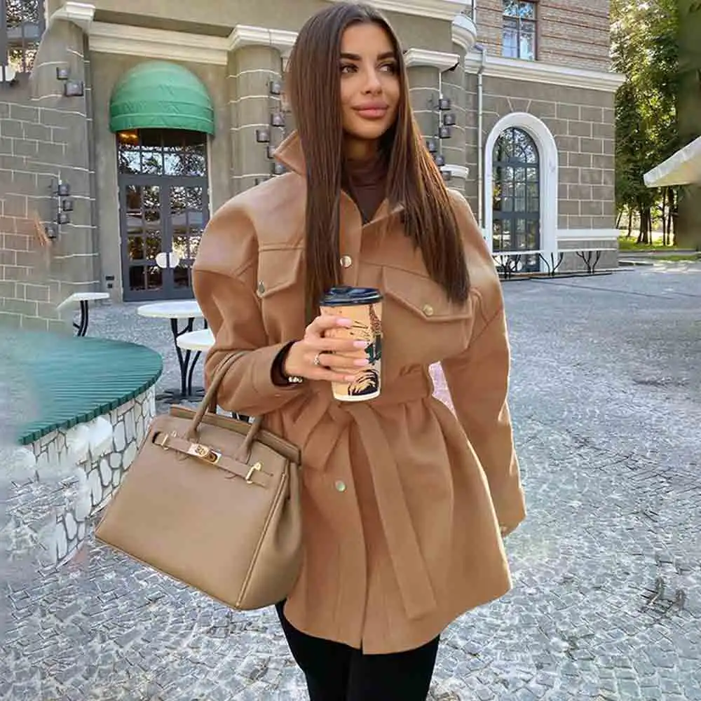 

Women Coat Long Sleeve Turn-down Collar Jacket Women Sashes Pockets Loose Shirt Outwear Winter Warm Casual Streetwear