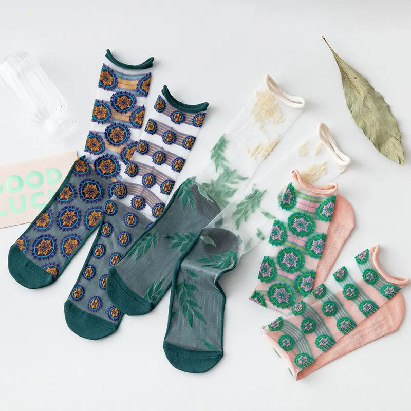 

Women Printed Transparent Socks Summer Thin Middle Tube Socks Harajuku Style Elastic Sheer Mesh Socks For Girls