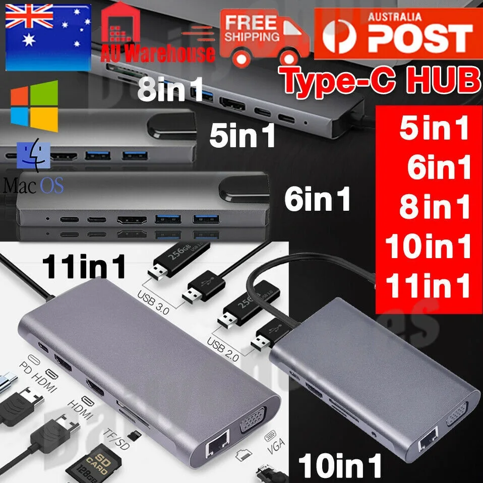

USB-C HUB Type-C USB 5/6/8/10/11 IN 1 3.0 4K HDMI RJ45 Ethernet Micro SD TF OTG