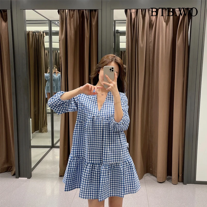 

BTB.WO Za Dress Women Fashion Print Vintage Pleated Short Dress Woman Long Sleeve Chic With Casual Loose Ladies Dresses