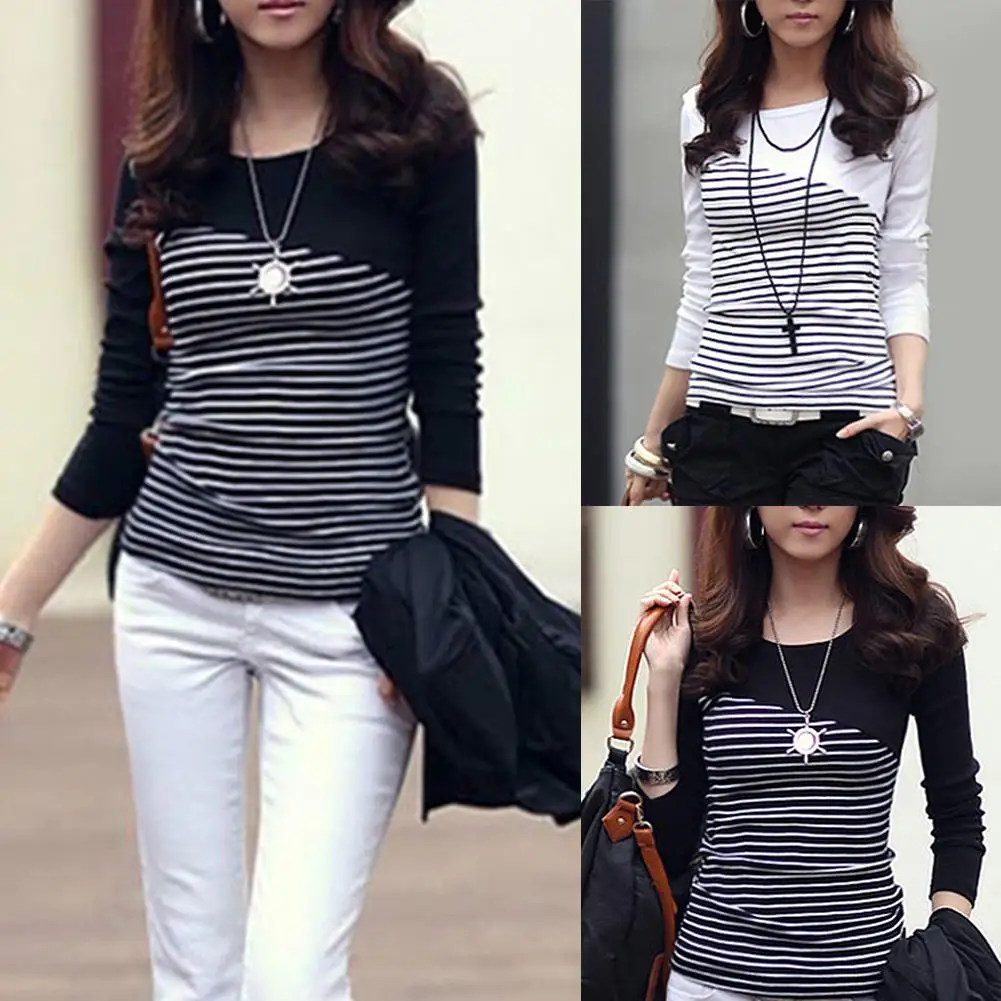 

Korean Fashion Spring Women Tshirt Clothing Tops Stripe Print Cotton Long Sleeve Round Neck Casual Loose T-Shirt Sliming Fit Top