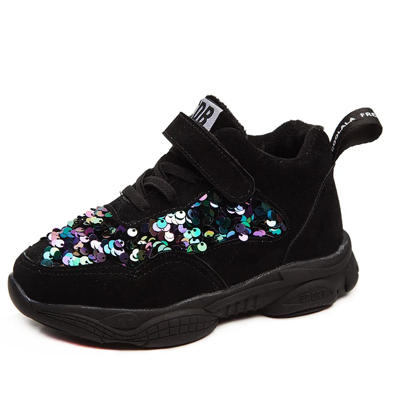 

Girls Sports Shoes 2020 Winter Children's Sequins Casual Shoes Soft Bottom Big Children Students Plus Velvet Running Shoes