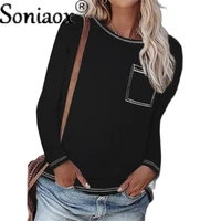 2021 autumn women street style solid color pullovers patch pocket long sleeve casual all match loose female fashion t shirt tops