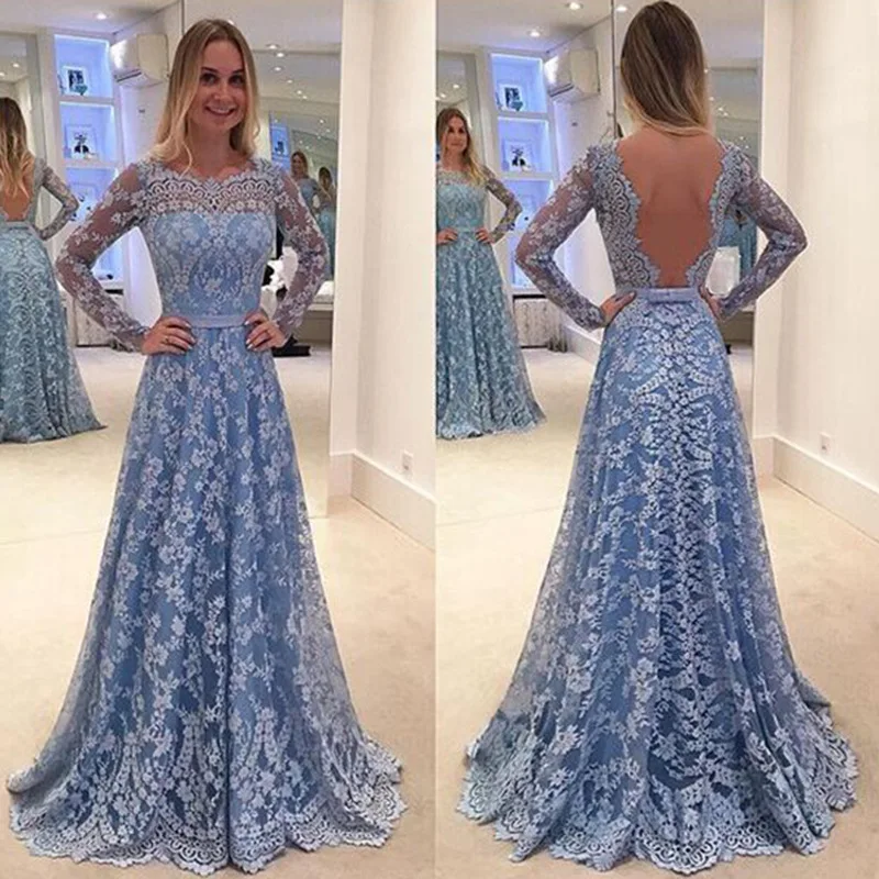 

U-SWEAR Explosive Dress Hollow-out Long Sleeves Blue Sweet Lace Elegant Backless Sexy Elegant Christmas Prom Women Dress