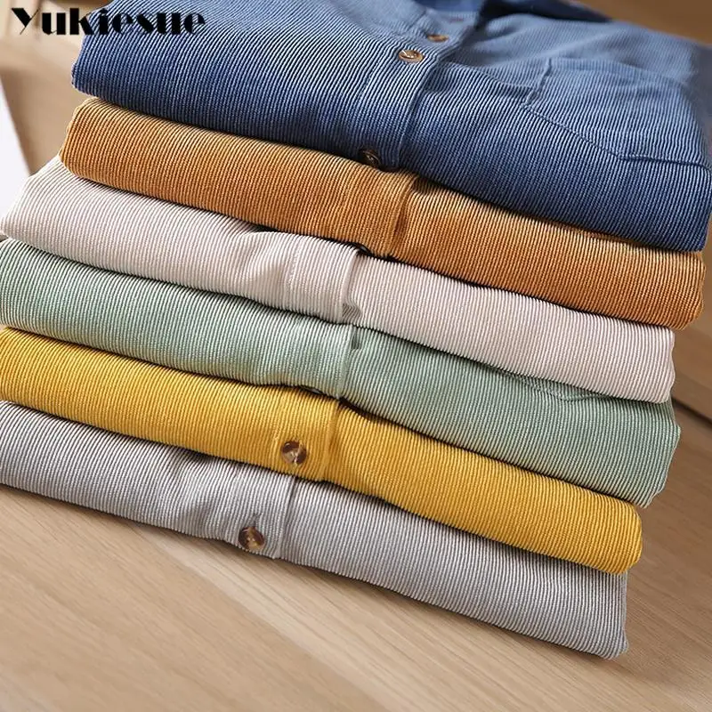Corduroy Women Blouses Shirts Tunic Womens Tops And 2021 Womenswear Long Sleeve Clothing Button Up Down Loose White New | Женская одежда