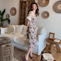 puff sleeve floral sweet waist long skirt spring ladies retro french niche square collar dress fashion temperament printed skirt