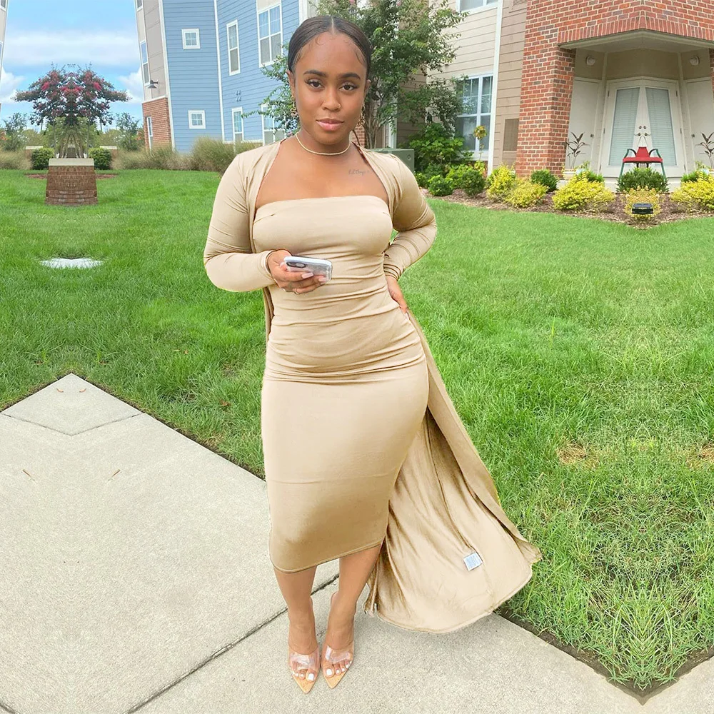 

Women's Plus Size Two-piece Solid Cardigans and Tube Women Knitted Lounge Wear