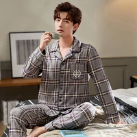 pajama set men button down plaid design cotton home wear autum winter adult lounge loose comfortable plus size sleepwear set