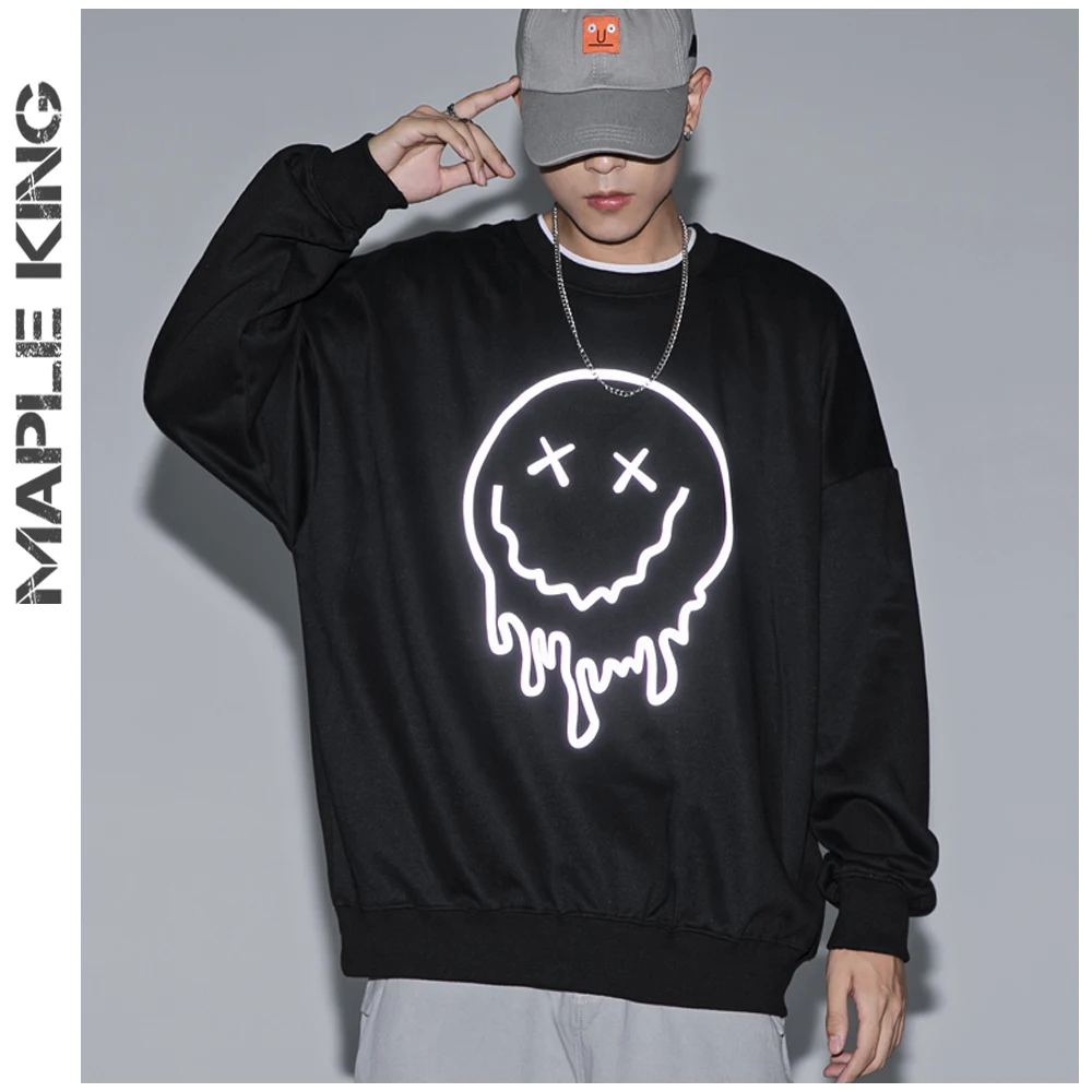 

Светящиеся толстовки с капюшоном, свитшоты для мужчин и женщин, Модный пуловер в стиле хип-хоп с забавным принтом смайлика, топы, свободная у...