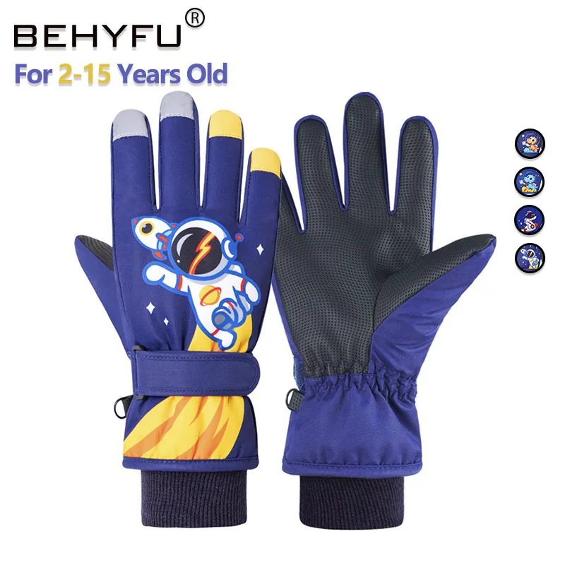 

Winter Warm Skiing Gloves Kids Cartoon Dinosaur Space Astronaut Snowboard Waterproof Gloves for Boys Outdoor Sports 2-15 Age