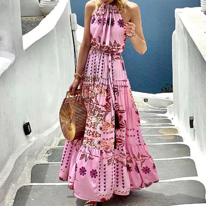 

Women Sexy Halter Lace-Up Summer Beach Dress 2021 Elegant Floral Print Sleeveless Maxi Party Dresses Lady Casual Vacation Dress