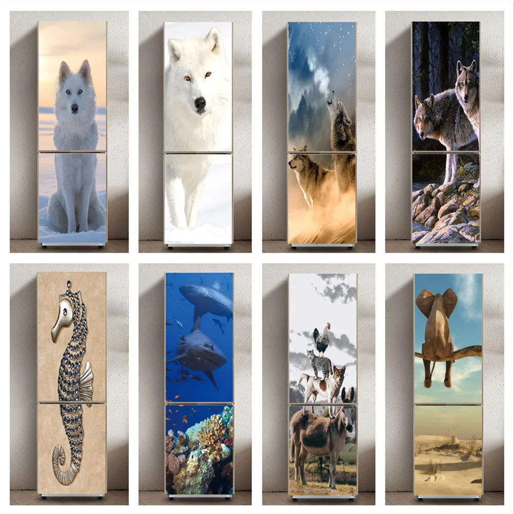 

Animals Wolf Elephant Art Refrigerator Freezer Door Covering Decoration Self Adhesive Door Wrap PVC Waterproof Fridge Wallpaper