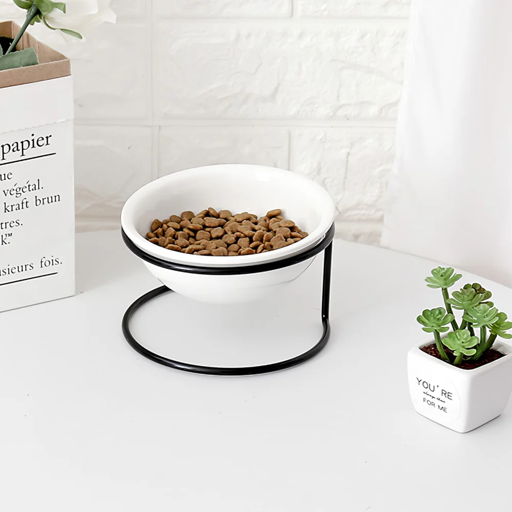 

1PC Iron Rack Pet Ceramic Bowl Simple Iron Bracket Ceramic Bowl (Black+White)