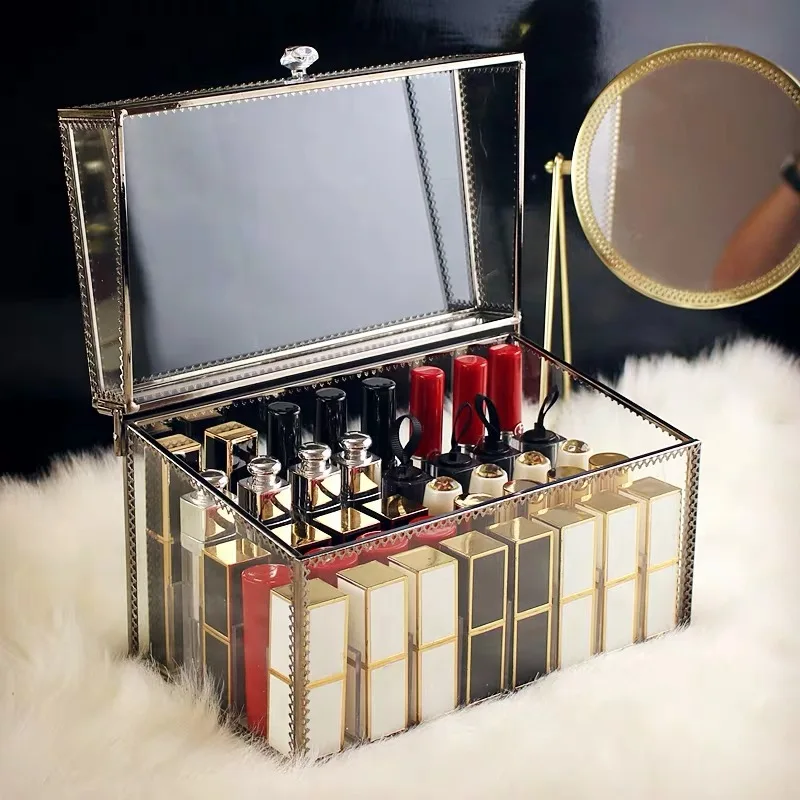 

Retro Makeup Box Lipstick Cosmetic Organizer Metal Storage Box Shelf Home Desktop Decoration Makeup Organizer With Lid