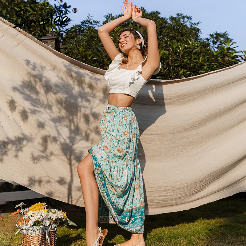 

Simplee 2021 Green bohemian print woman skirts casual printed holiday long skirt spring summer elegant ladies printed bottoms