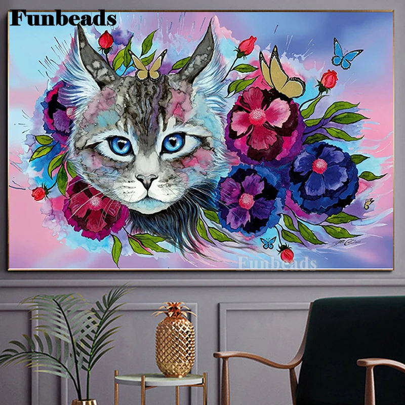 

5D алмазная вышивка, кошка, животное, полноразмерная Алмазная картина с цветами, картина стразы, мозаика ручной работы, хобби FF5960