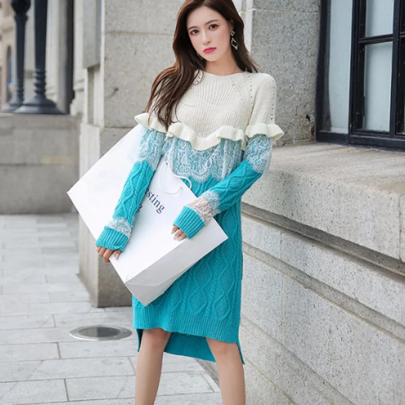 Женское вязаное платье модное белое синее лоскутное кружевное с круглым вырезом