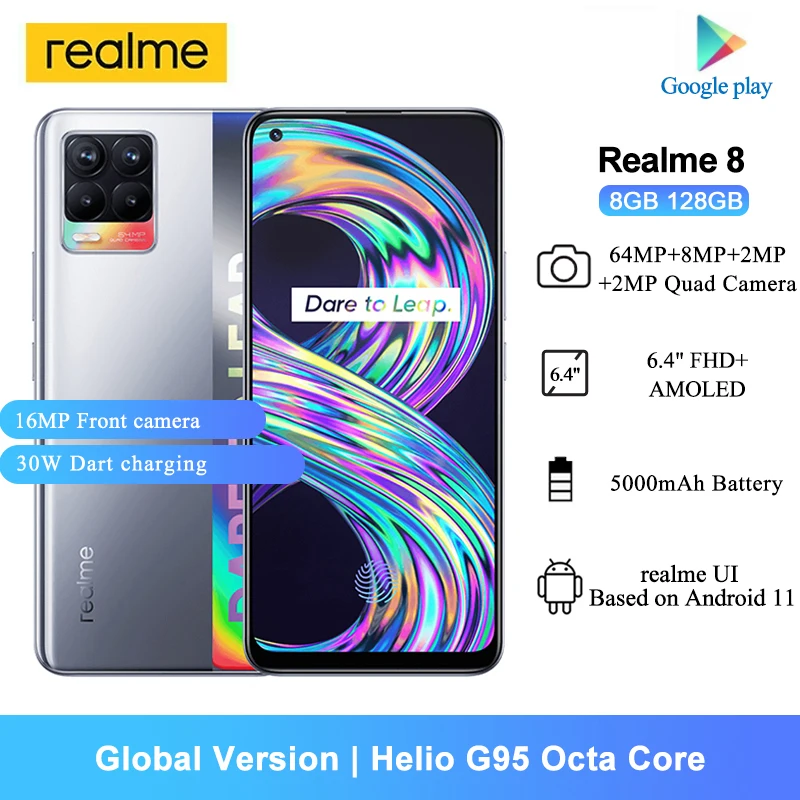 

Смартфон Realme 8 на Android 11, восемь ядер, экран 6,4 дюйма, 8 ГБ + 5000 ГБ