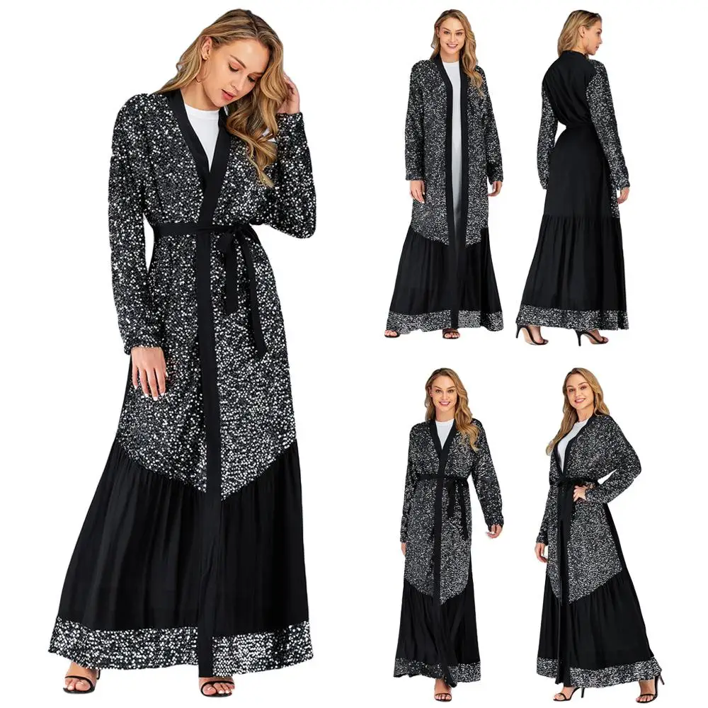 Black Open Abaya Sequin Kaftan Dubai Muslim Cardigan For Women Long Maxi Dress Jilbab Ramadan Luxury Kimono Party Cocktail Robe |