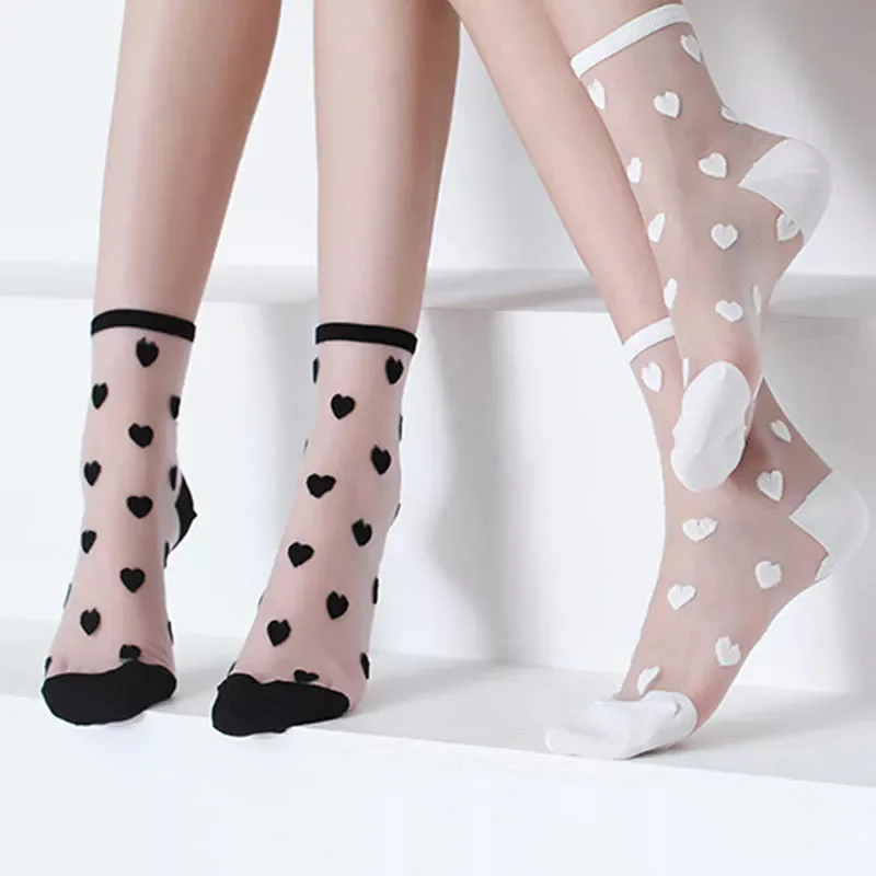 

Colorful Heart Embroidery Transparent Glass Silk Socks Women Summer Happy Socks Female Lace Mesh Thin Casual Socks Sheer Socks