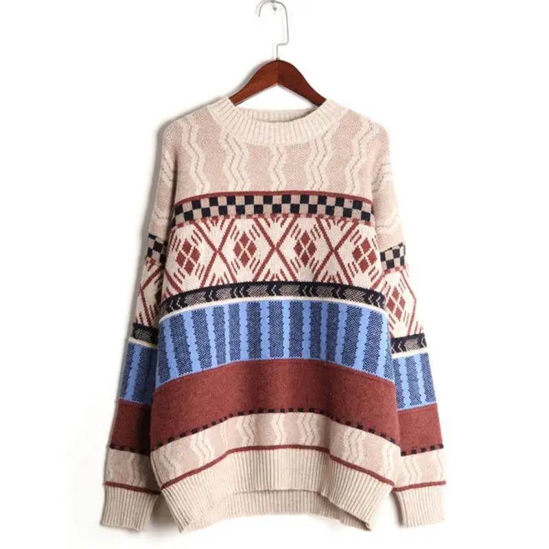 

Women Winter Sweater and Pullovers Oneck Striped Vintage Knitwear Long Sleeve Oversized Pull Jumpers Winter Outwear Sweater
