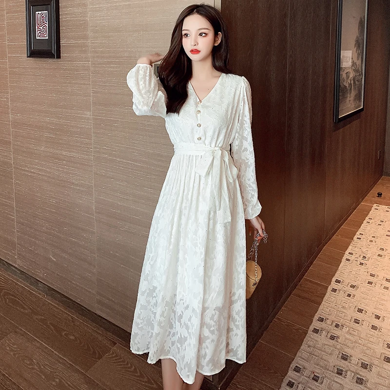 

COIGARSAM Fashion Lace Women one-piece dress korean New Spring French Style High Waist Dresses White 8576