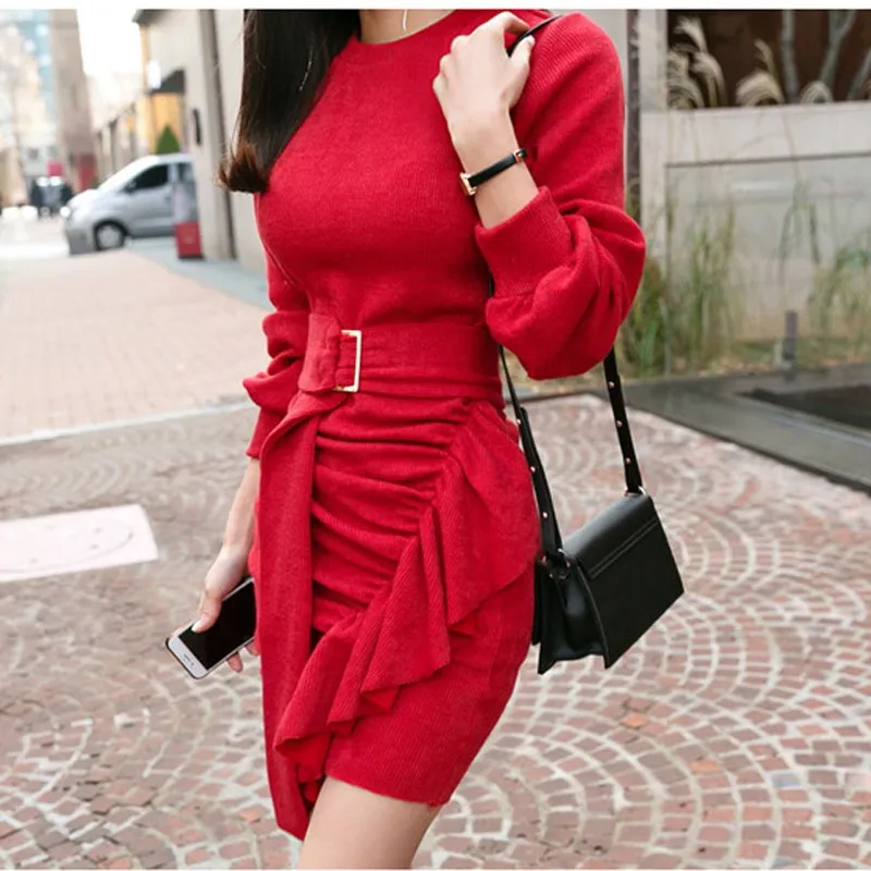 Осенне-зимнее женское офисное платье-карандаш с оборками Осеннее облегающее