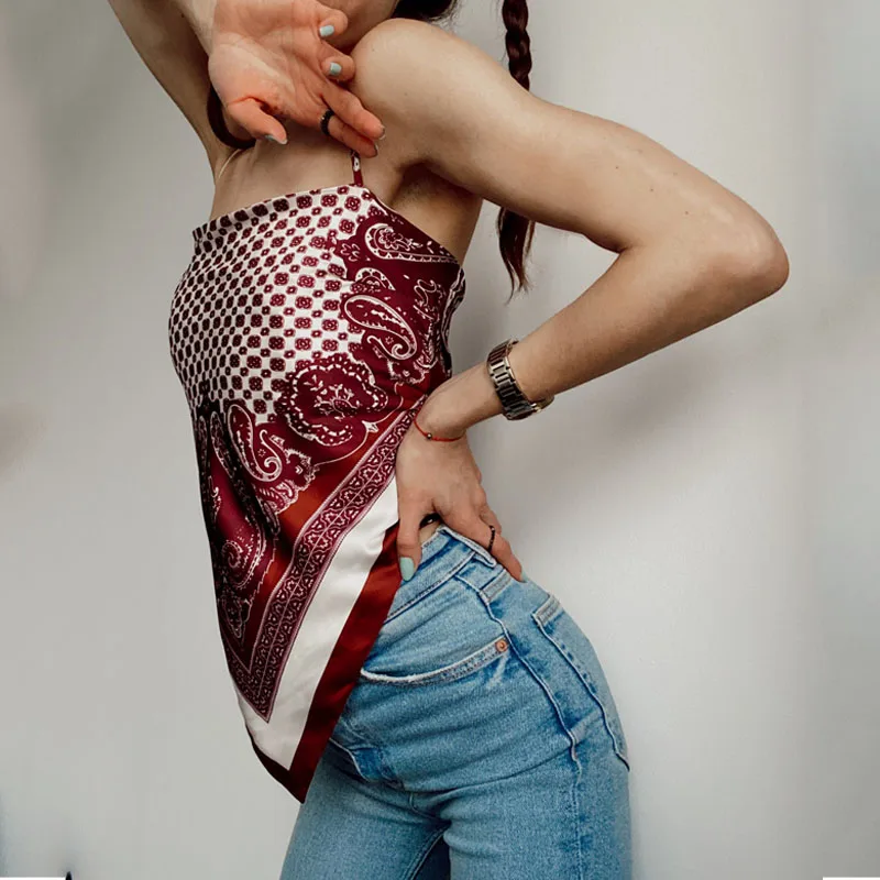 

Women Sexy Fashion Printed Backless Bow Tie Camis Tank Vintage Spaghetti Strap Summer Female Shirts Chic Tops