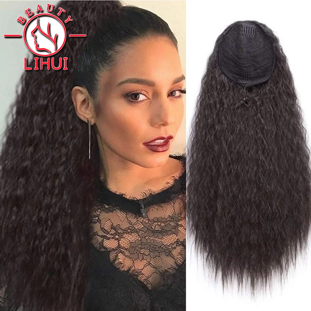 Lihui Synthetic Corn Wavy Long Ponytail Hairpiece Wrap on Clip Hair Extensions Ombre Brown Pony Tail Blonde Fack Hair 24Inch